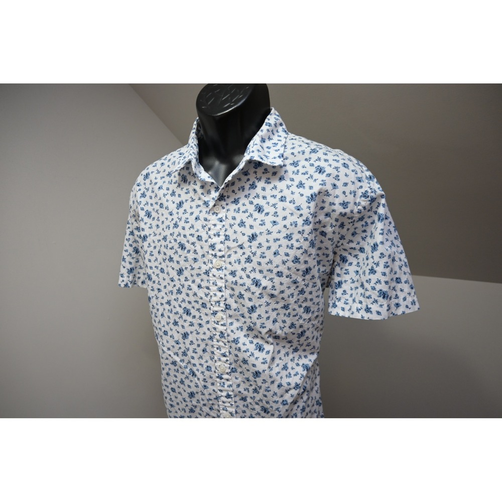 Express Button Down Shirt Mens XL White Blue Floral Short Sleeve Excellent